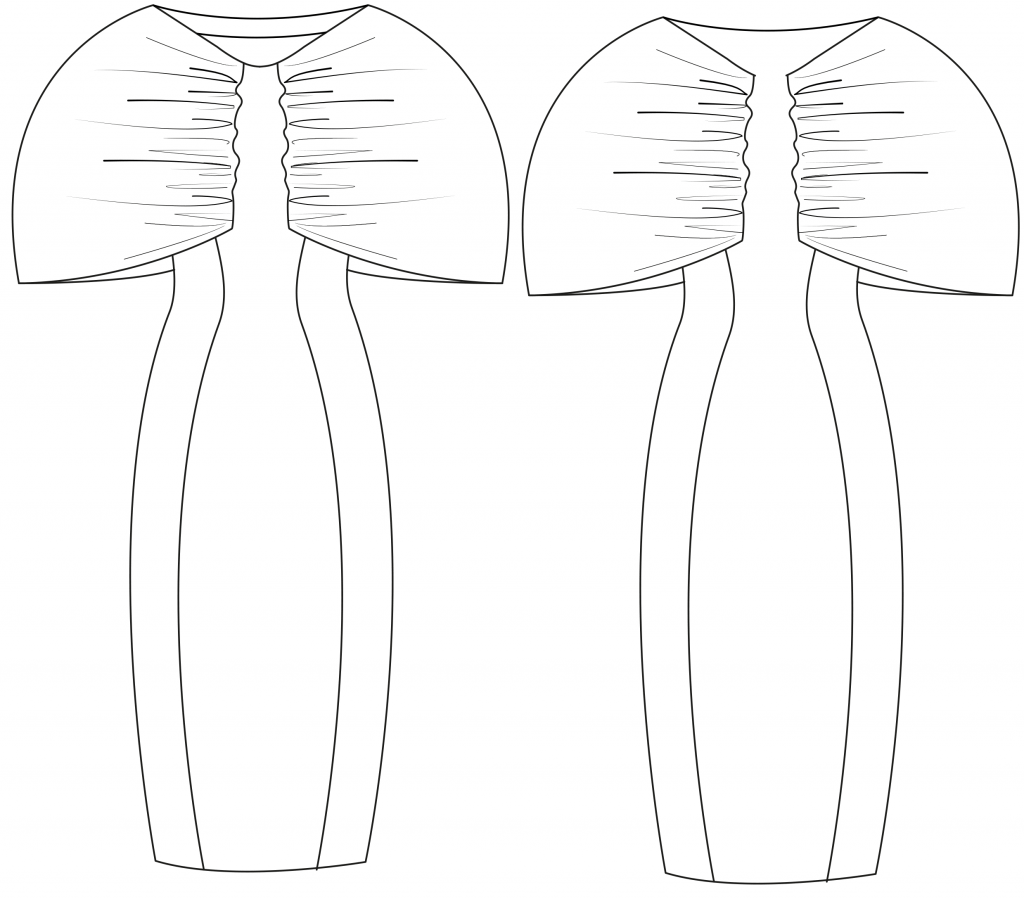 Diese technische Zeichnung zeigt die Vorder-und Rückansicht eines Etuikleids mit Ärmelvariante für Damen. Dieses Modell gibt es als Schnittmuster.