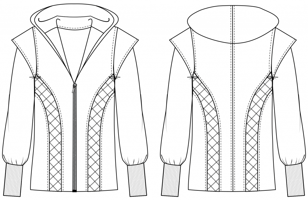 Diese technische Zeichnung zeigt die Vorder-und Rückansicht eines Hoodies mit Kapuze für Damen. Dieses Modell gibt es als Schnittmuster.