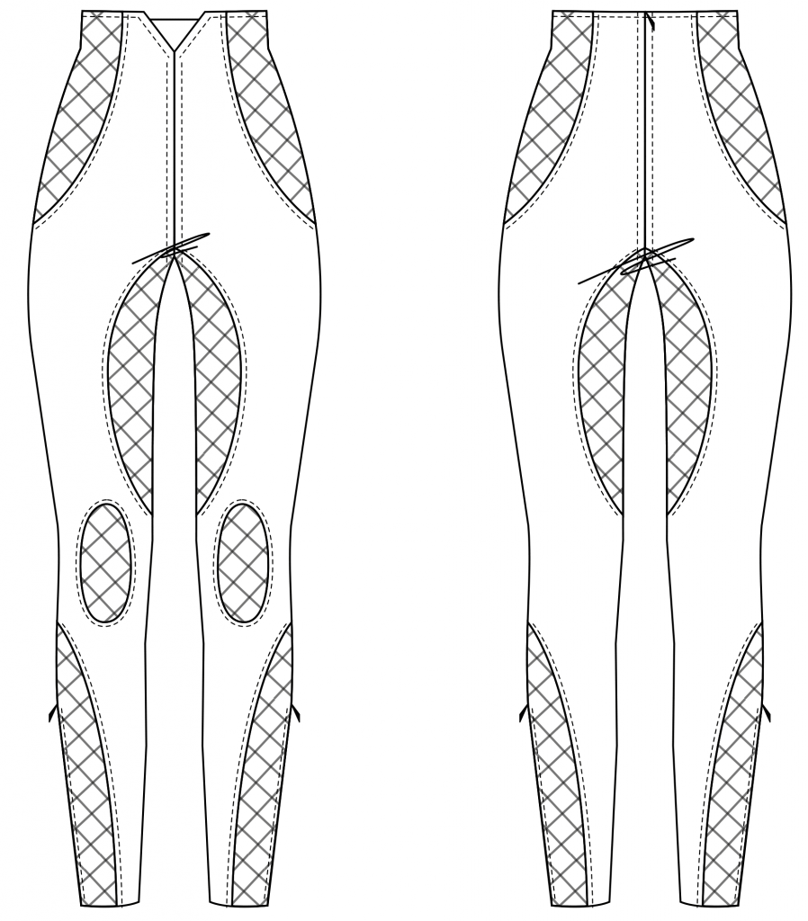 Diese technische Zeichnung zeigt die Vorder-und Rückansicht einer Leggings mit Einsätzen für Damen. Dieses Modell gibt es als Schnittmuster.