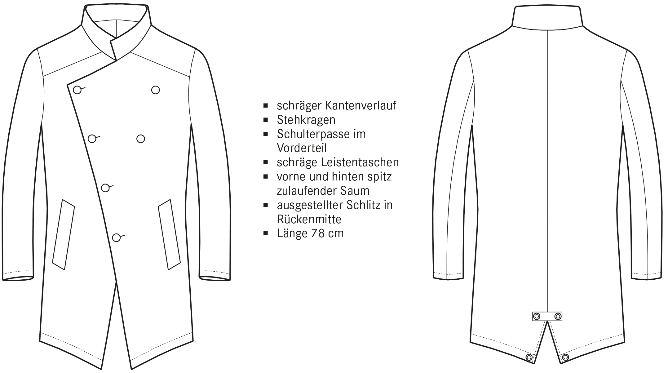 Die technische Zeichnung eines Asymmetrischen Mantels ist abgebildet. Die Vorder- und Rückansicht inklusive Beschreibung der Schnitttechnik ist zu sehen.