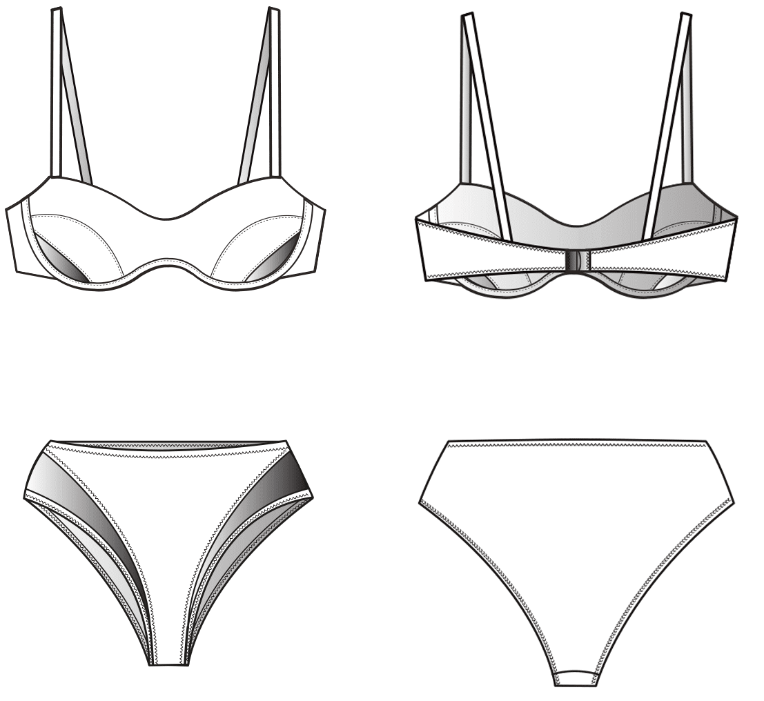 Technische Zeichnung Vorder- und Rückansicht Bikini mit Einsätzen für die Schnittkonstruktion