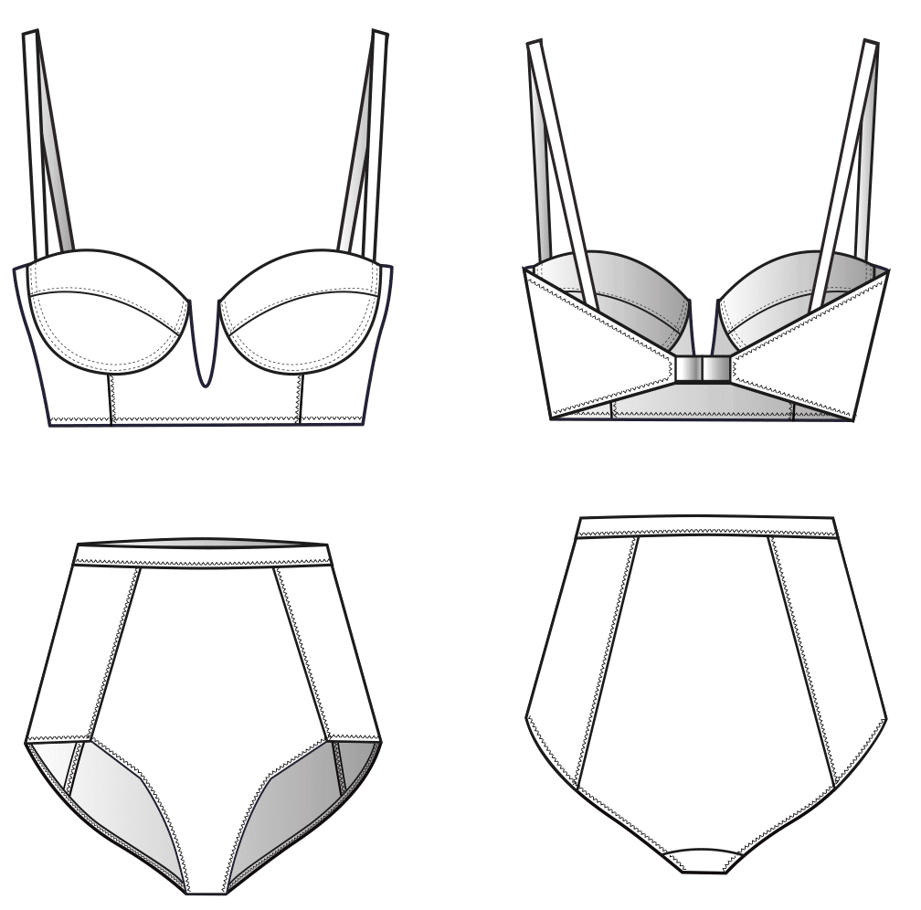 Technische Zeichnung von einem Bikini mit Korsage. Abgebildet sind die Vorder und Rückansicht