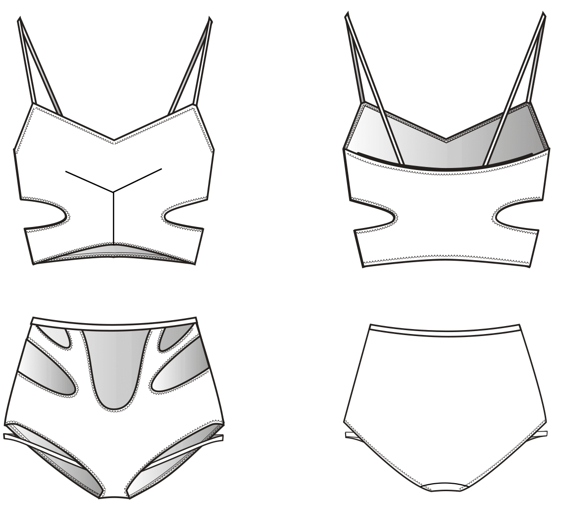 Technische Zeichnung eines Cut Out Bikinis. Zu sehen ist die Vorder und Rückansicht für die Konstruktion.