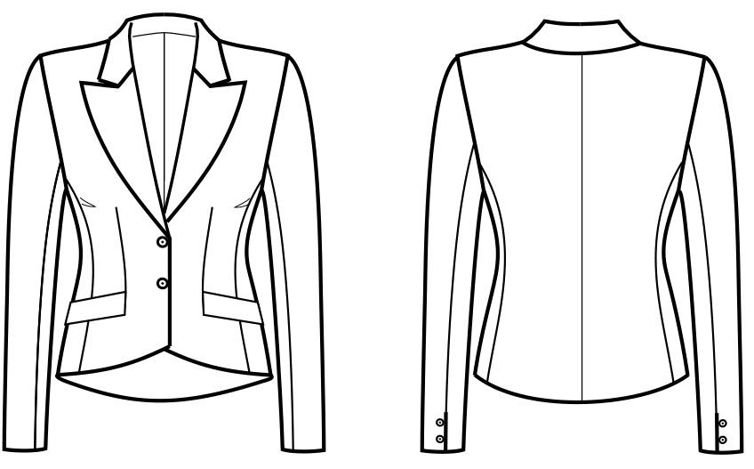 Die Vorder- und Rückansicht einer technischen Zeichnung eines Blazer ist zu sehen.