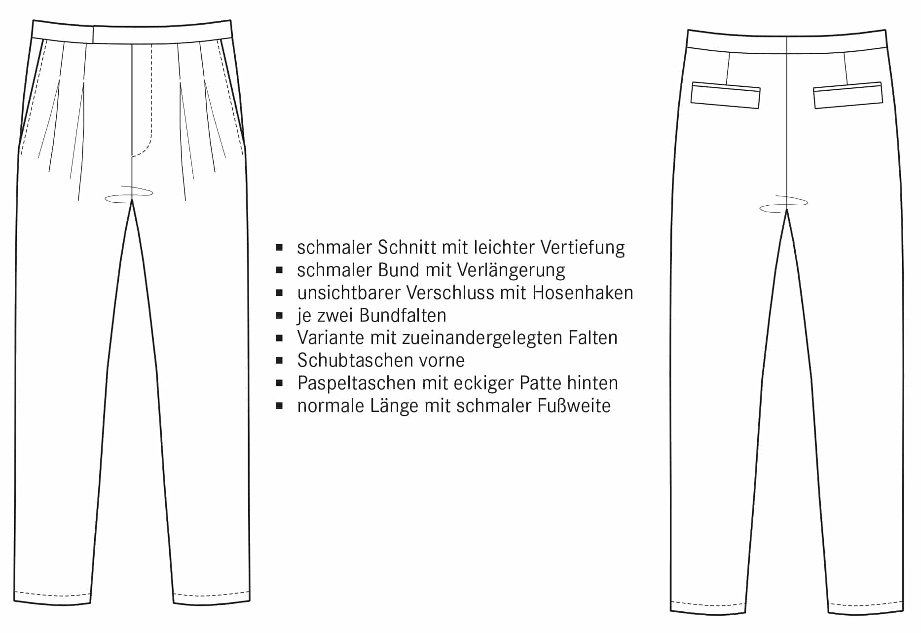 Technische Zeichnung Bundfaltenhose mit schmalem Bund.