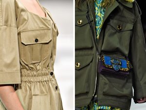 Laufsteg-Fotos von Cargotaschen auf einem beigen Kleid und einer khakifarbenen Jacke