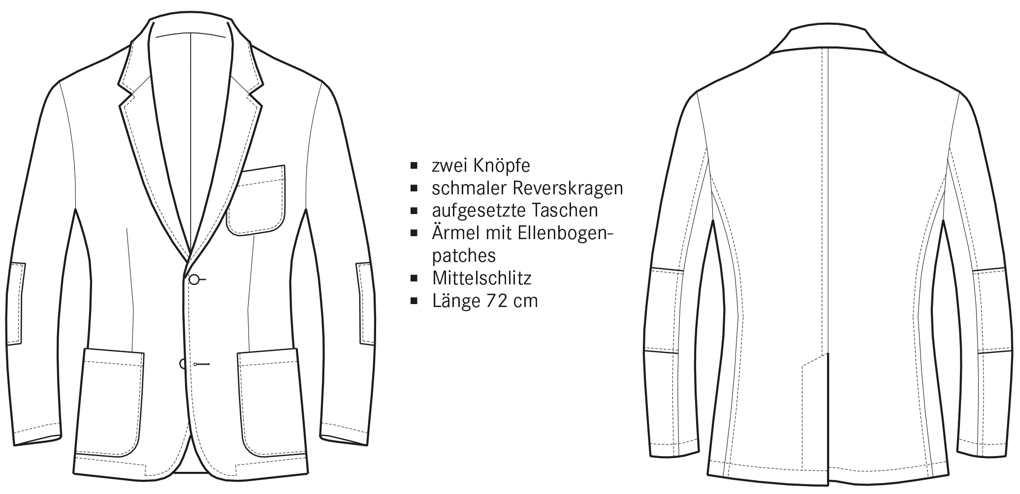 Technische Zeichnung einer Casual Jacket Vorder- und Rückansicht.