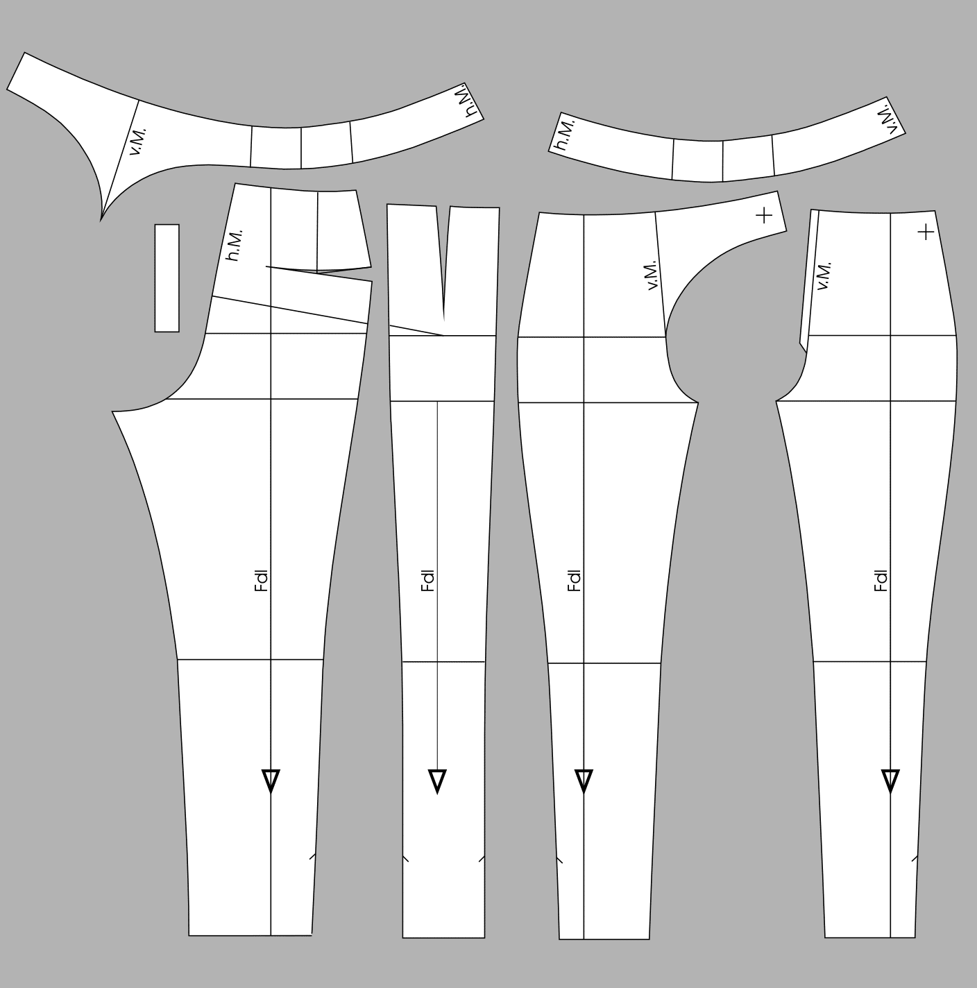 Die Abbildung zeigt die fertigen Schnittteile einer 7/8 Hose mit verlegter Seitennaht.