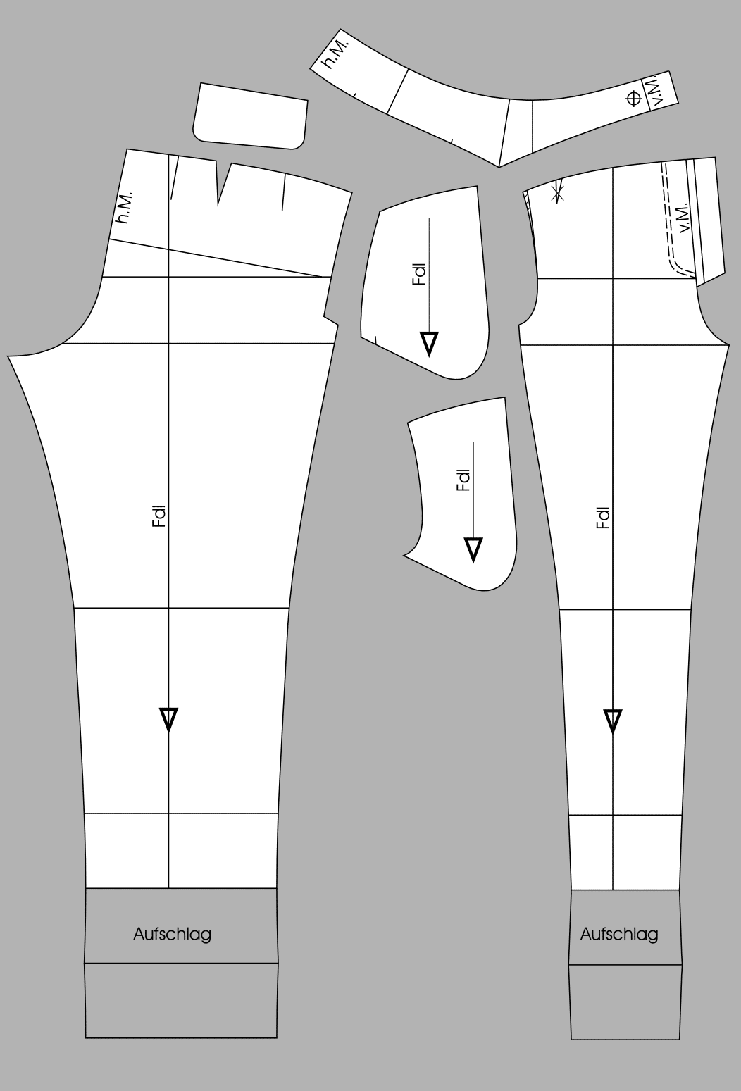 Die fertigen Schnittteile der Hose mit Passe sind zu sehen.