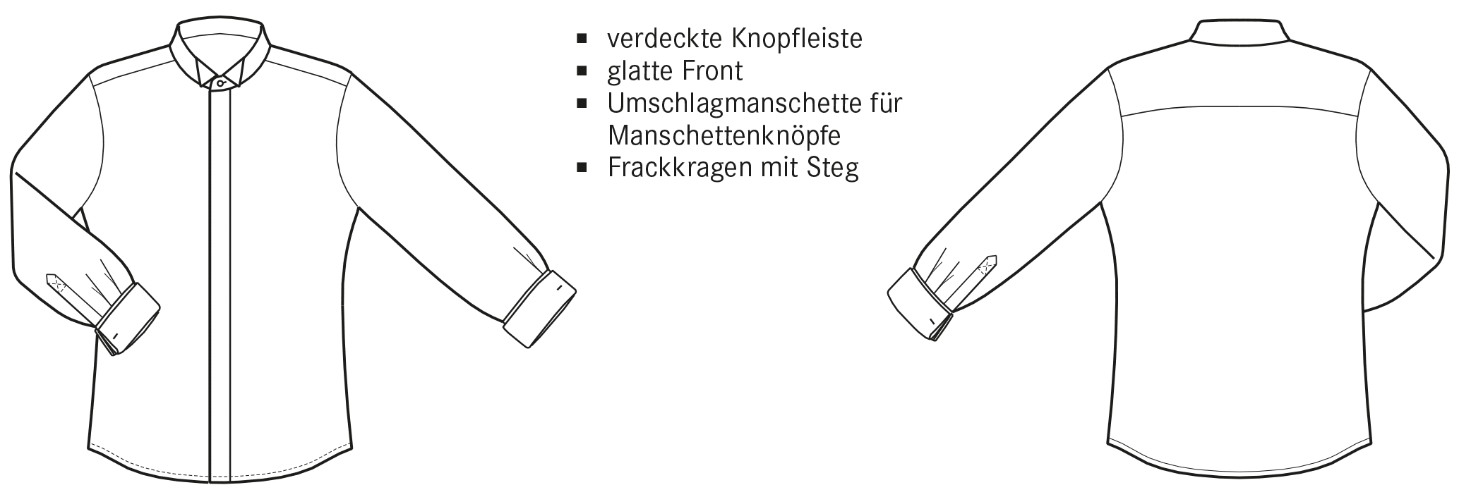 Die technische Zeichnung von einem Hemd mit Frackkragen ist abgebildet.