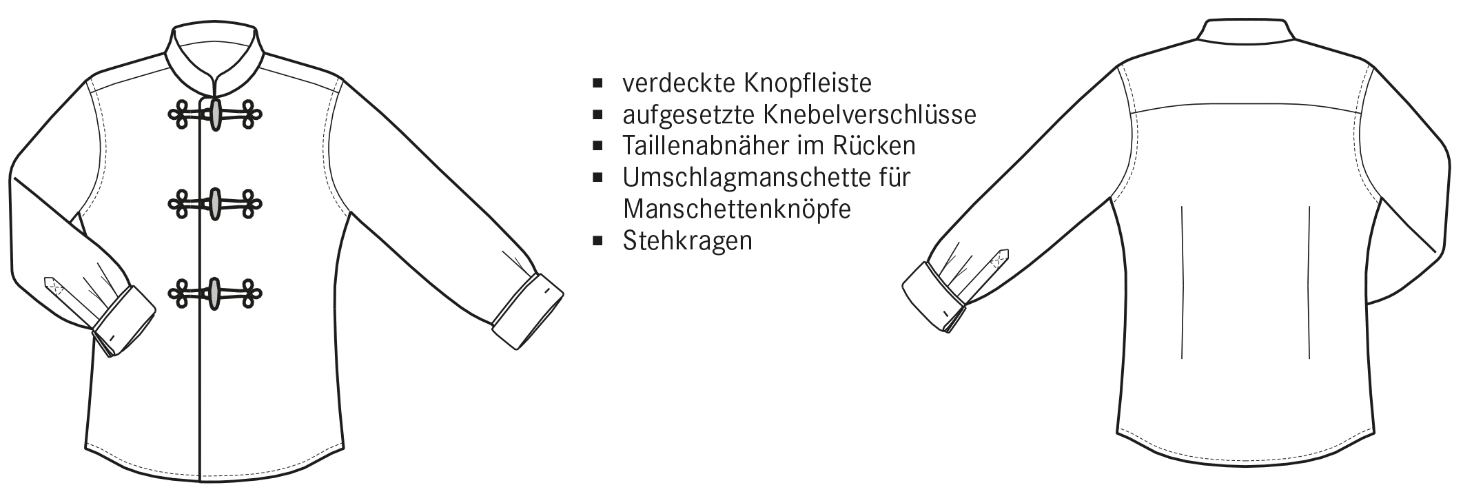 Die technische Zeichnung von einem Hemd mit Knebelverschluss ist abgebildet.