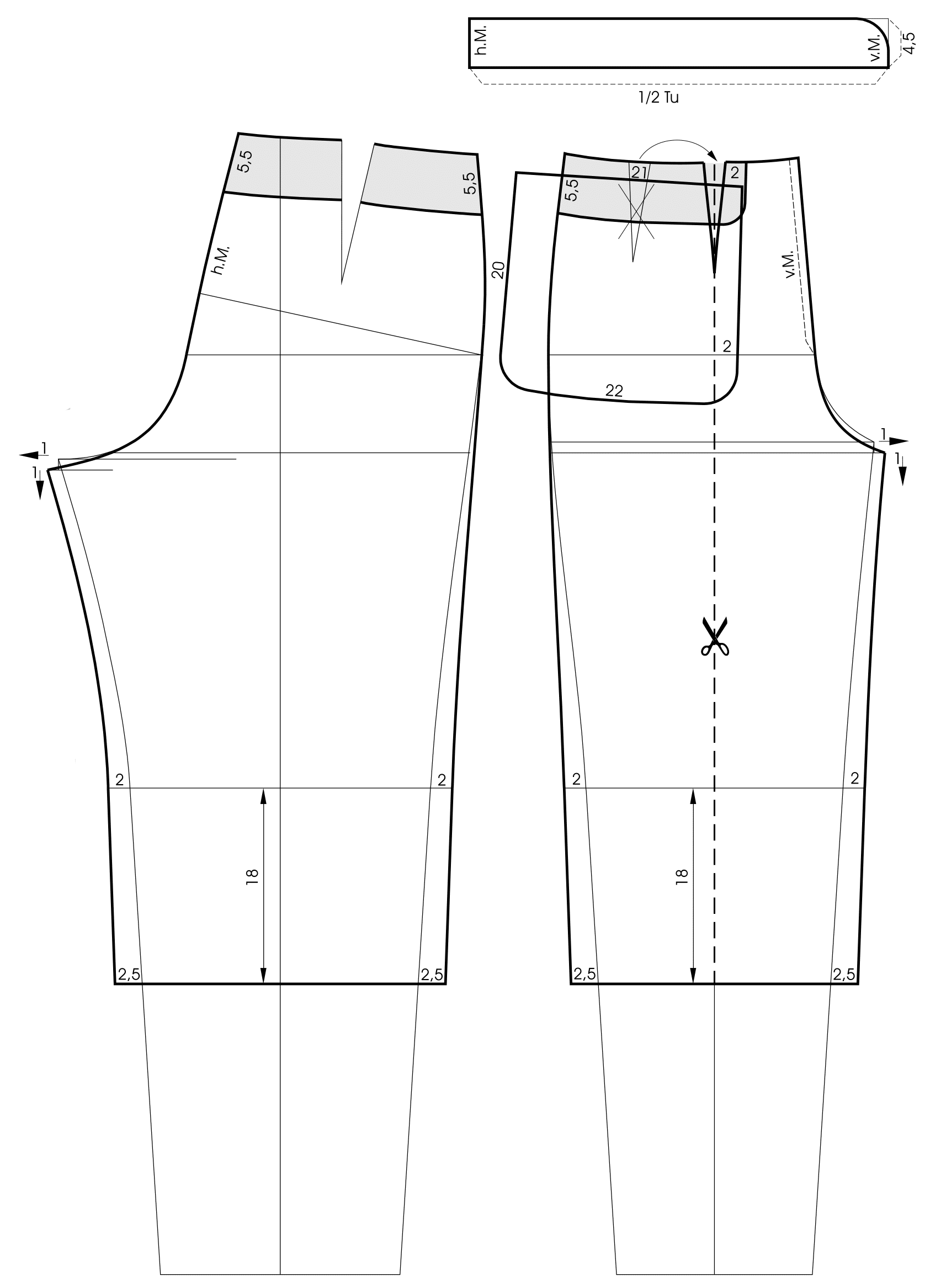 Die Schnitttechnik von einem Bund für eine Hose mit Golffalten ist zu sehen.