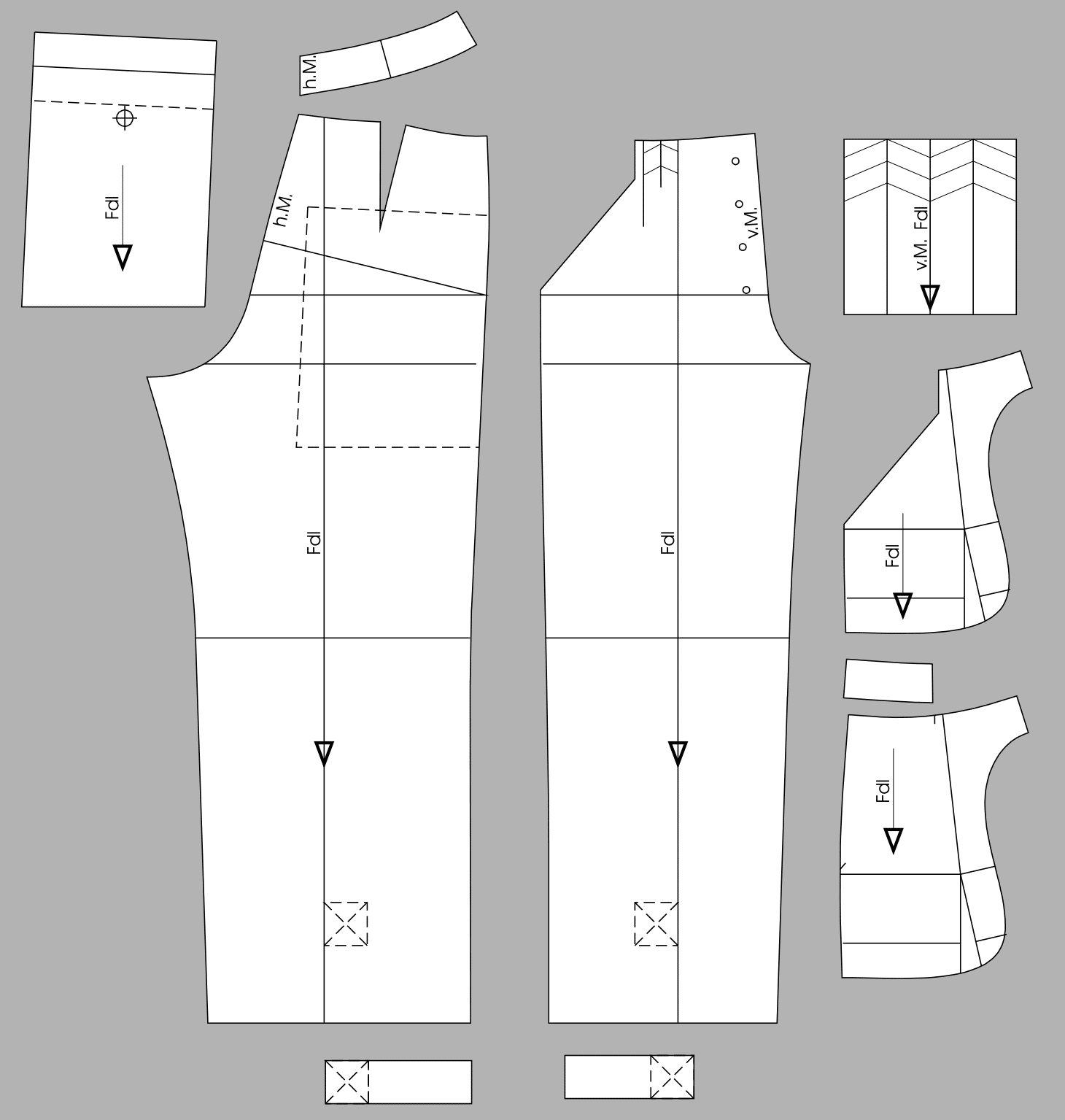 Pattern construction for a trousers with front lace fastening