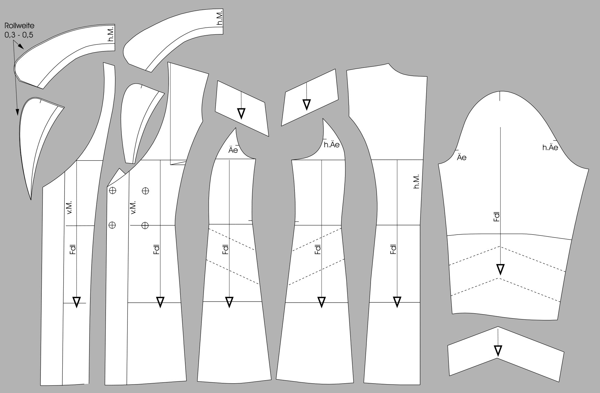 Die fertigen Schnittteile eines Doppelreiher Mantels sind nebeneinander abgebildet.