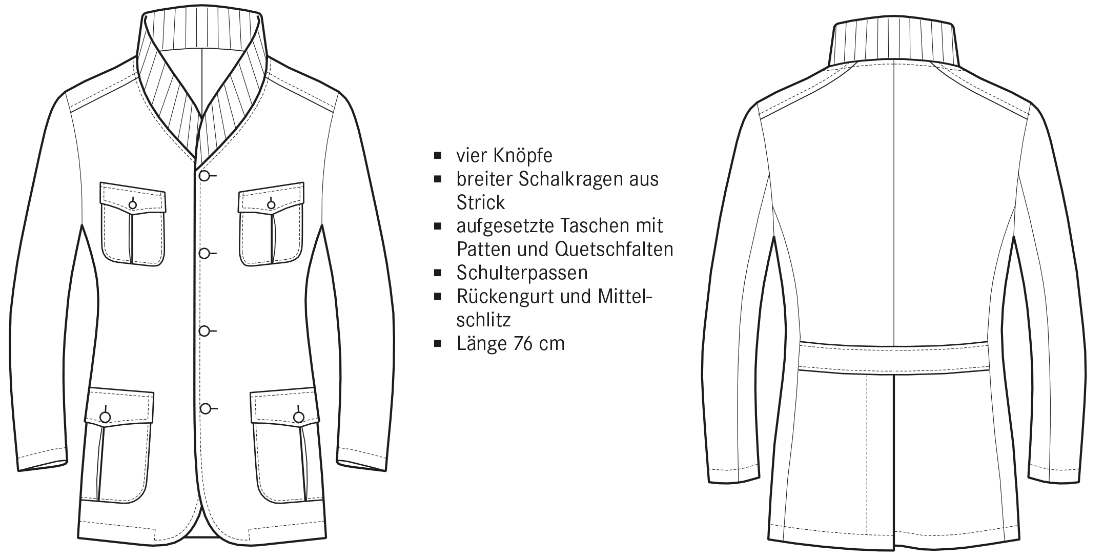 Technische Zeichnung einer Jacke mit Stickkragen Vorder- und Rückansicht.