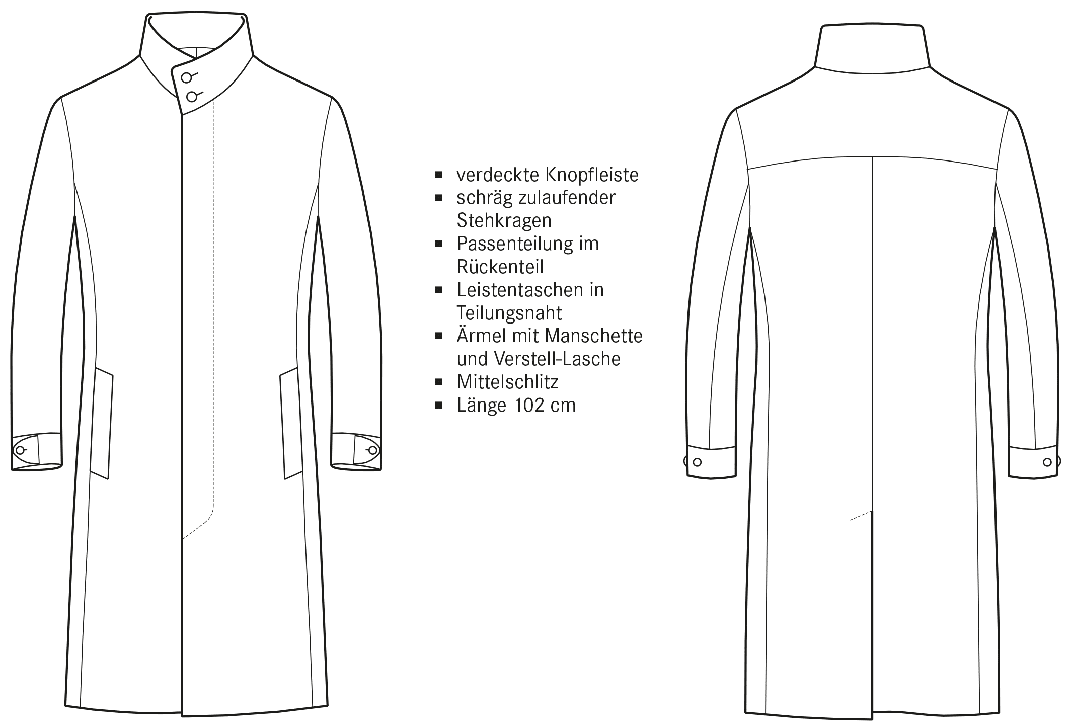 Die technische Zeichnung eines Mantels mit Stehkragen ist abgebildet. Die Vorder- und Rückansicht inklusive Beschreibung der Schnitttechnik ist zu sehen.