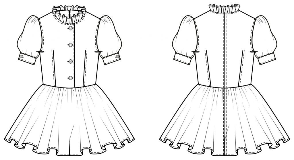 Diese technische Zeichnung zeigt die Vorder-und Rückansicht von eines Dirndl-Kleides für Kinder Dieses Modell gibt es als Schnittmuster.
