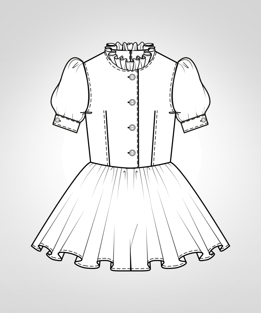 Diese technische Zeichnung zeigt die Vorder-und Rückansicht von eines Dirndl-Kleides für Kinder Dieses Modell gibt es als Schnittmuster.