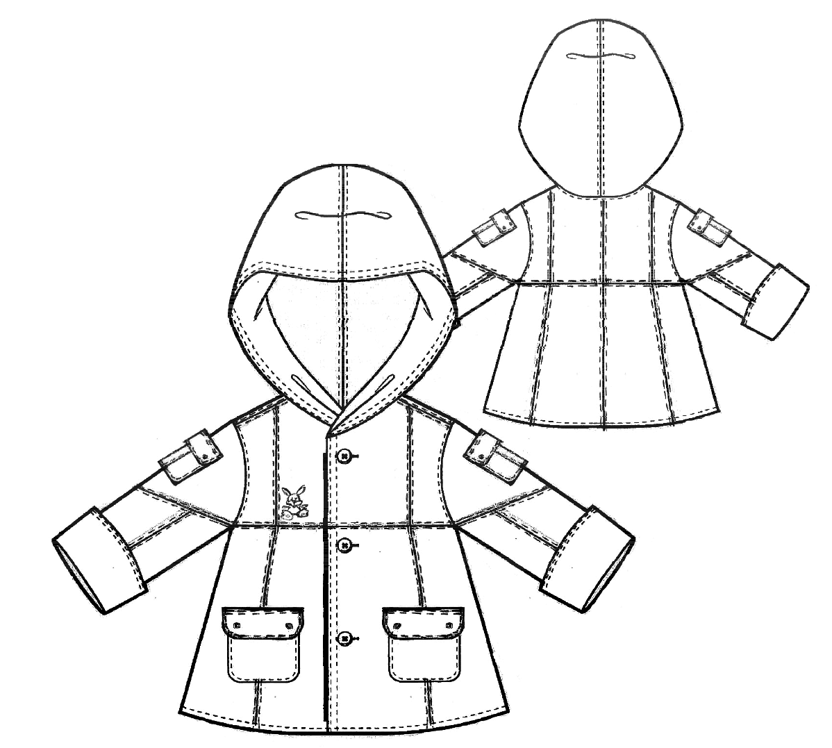 Zeigt die technische Zeichung einer Kinderjacke. Diese Zeichnung dient als Vorlage für die Schnittkonstruktion.