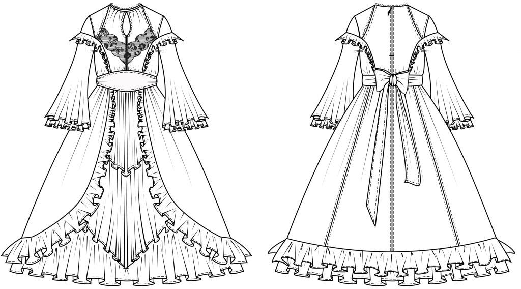 Diese technische Zeichnung zeigt die Vorder-und Rückansicht von eines Dirndl-Kleides für Kinder. Es ist die Vorlage für die Schnittkonstruktion.