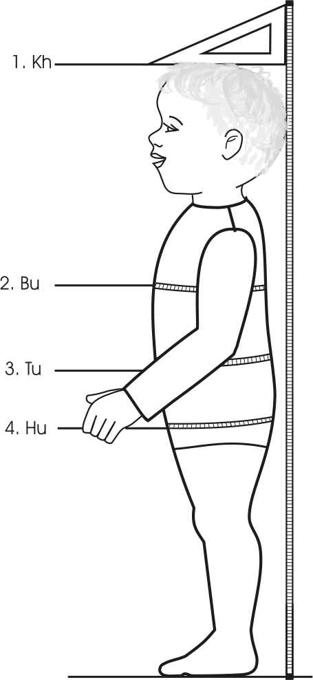 Maßnehmen von Babys. Eine Zeichnung von einem Baby mit den Maßen ist abgebildet.