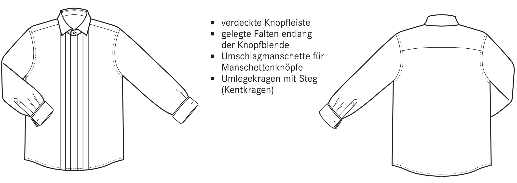 Die Vorder- und Rückansicht eines Smokinghemdes in Form einer technischen Zeichnung.