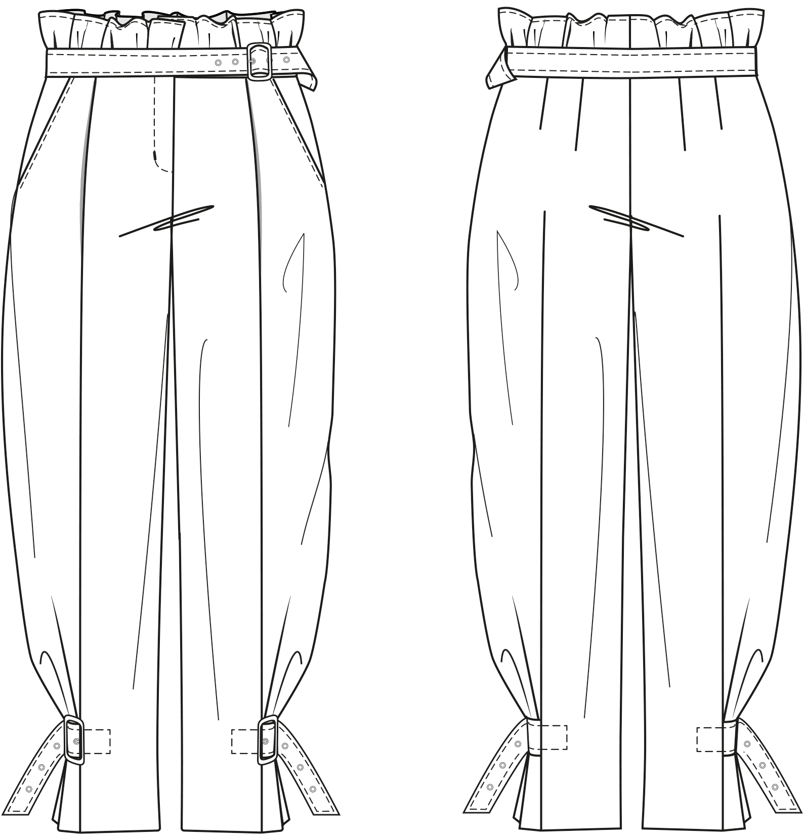 Die Vorder- und Rückansicht der technische Zeichnung einer Hose ist zu sehen. Diesen Schnitt findet man auf einem Schnittmusterbogen.