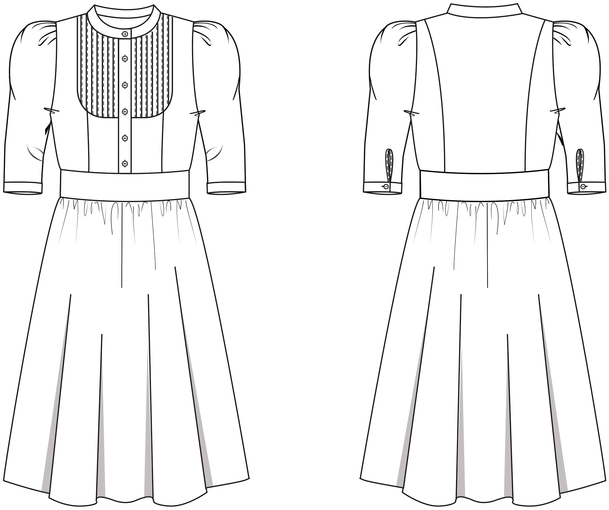 Die Vorder- und Rückansicht der technische Zeichnung eines Trachtenkleides ist zu sehen. Diesen Schnitt findet man auf einem Schnittmusterbogen.