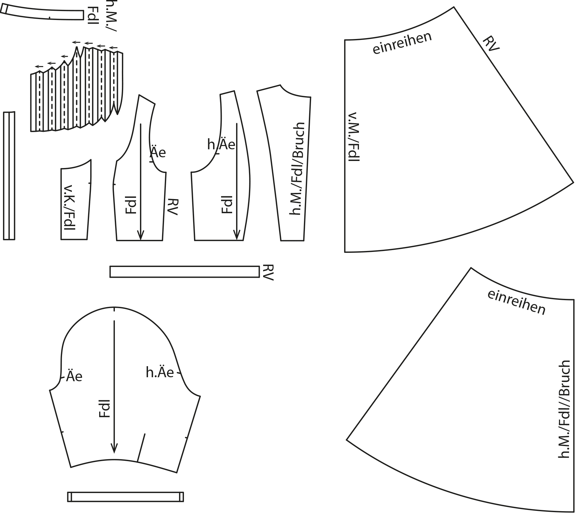 Zu sehen sind die fertigen Schnittteile auf dem Schnittmusterbogen für das Modell Trachtenkleid.