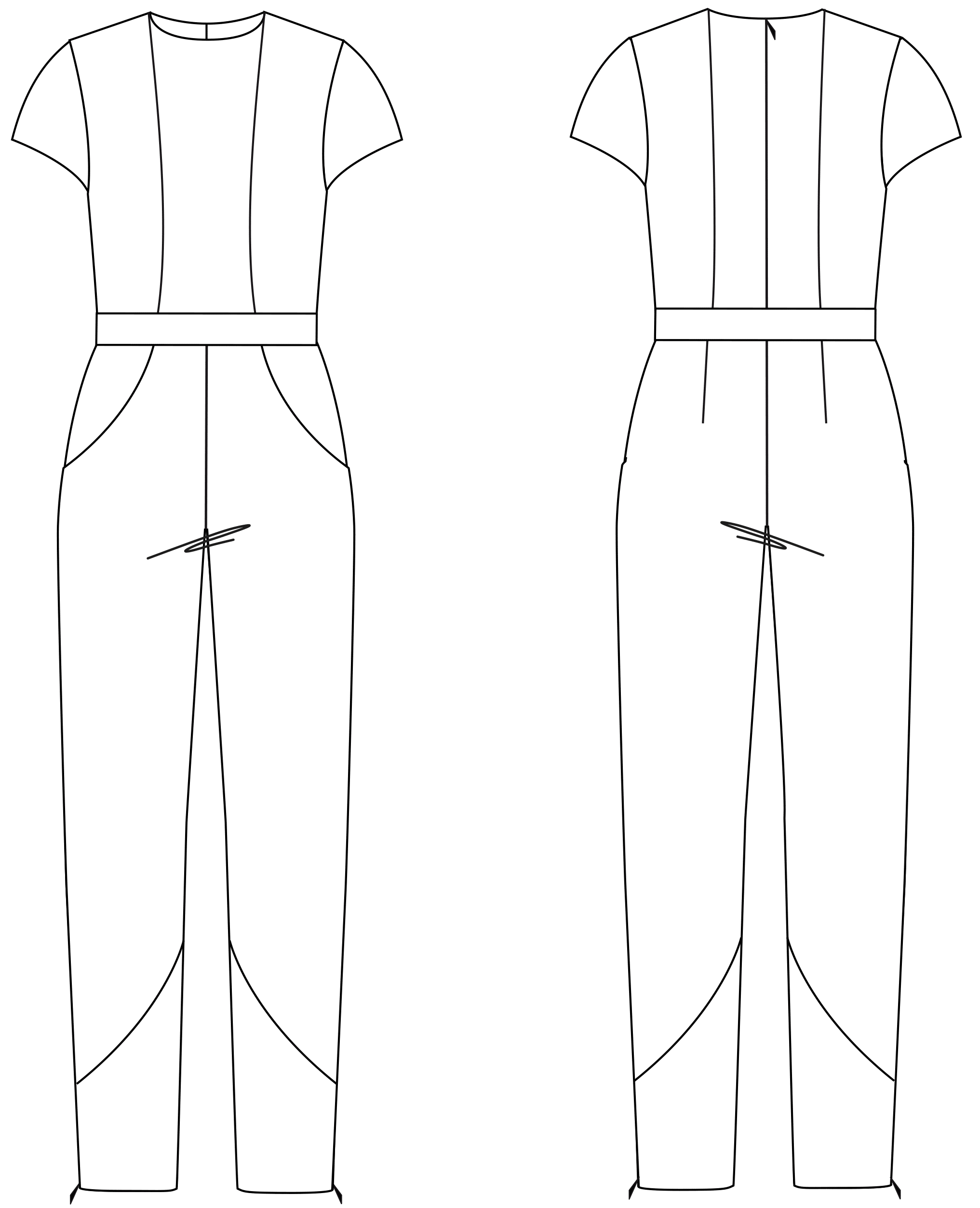 Die Vorder- und Rückansicht der technische Zeichnung eines Overalls ist zu sehen. Diesen Schnitt findet man auf einem Schnittmusterbogen.