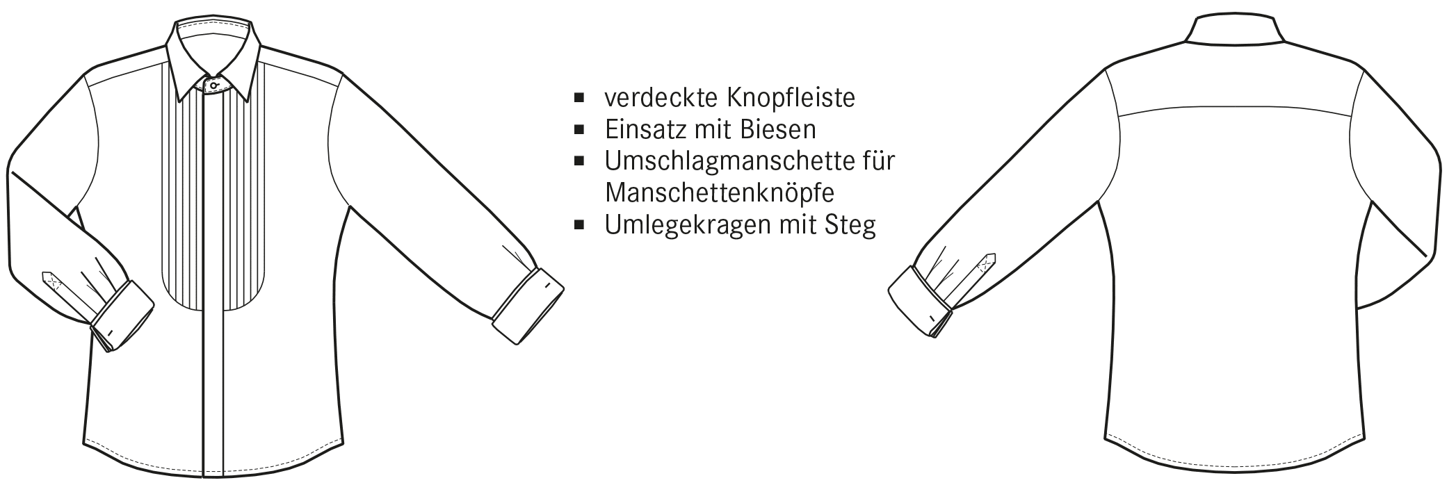 Die technische Zeichnung von einem Smokinghemd ist abgebildet.