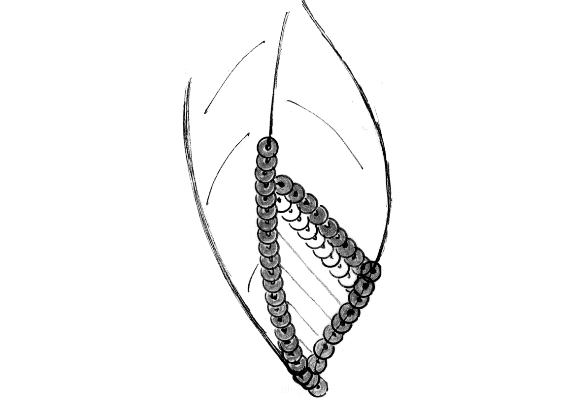 Die letzte Paillette der einzelnen Reihen sollte halb unter der schwarzen Paillette der mittleren Blattader liegen.