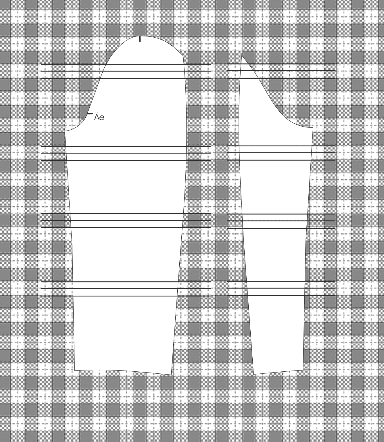 Zu sehen ist die Schnittgestaltung für Karomaterial. Die einzelnen Schnittteile sind abgebildet.