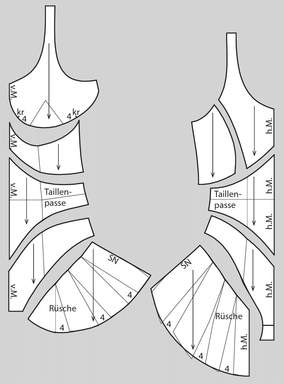 Das Foto zeigt die fertigen Schnittteile eines Bodys mit Rüschen.