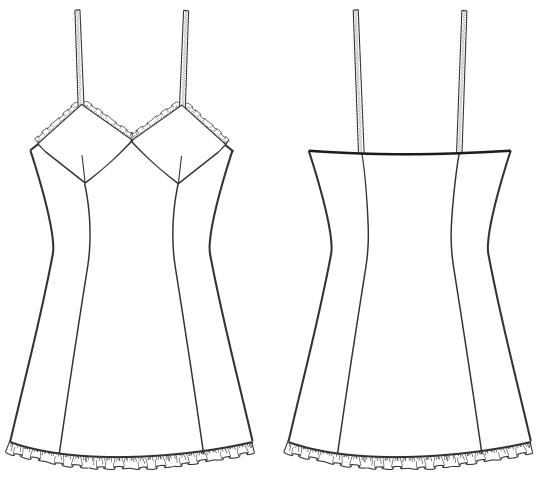 Die Abbildung zeigt die Schnitt-Technik von einer Camisole. Die Zeichnung dient als Vorlage für die Schnitterstellung.