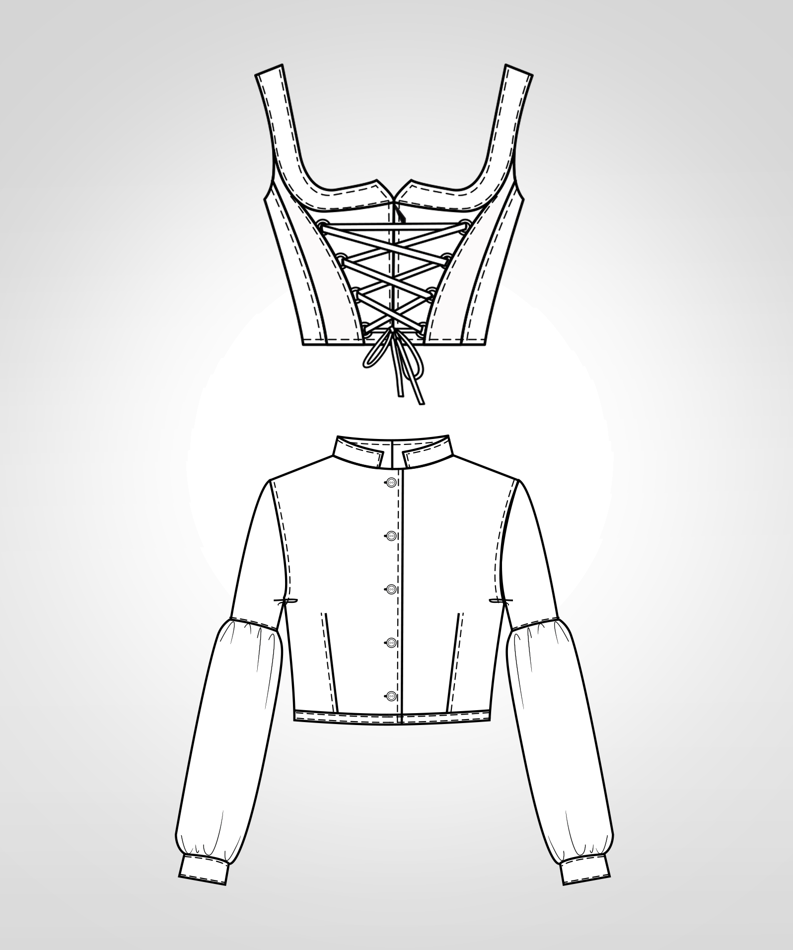 Diese technische Zeichnung zeigt die Vorder-und Rückansicht von Trachtenmode für Kinder Dieses Modell gibt es als Schnittmuster.