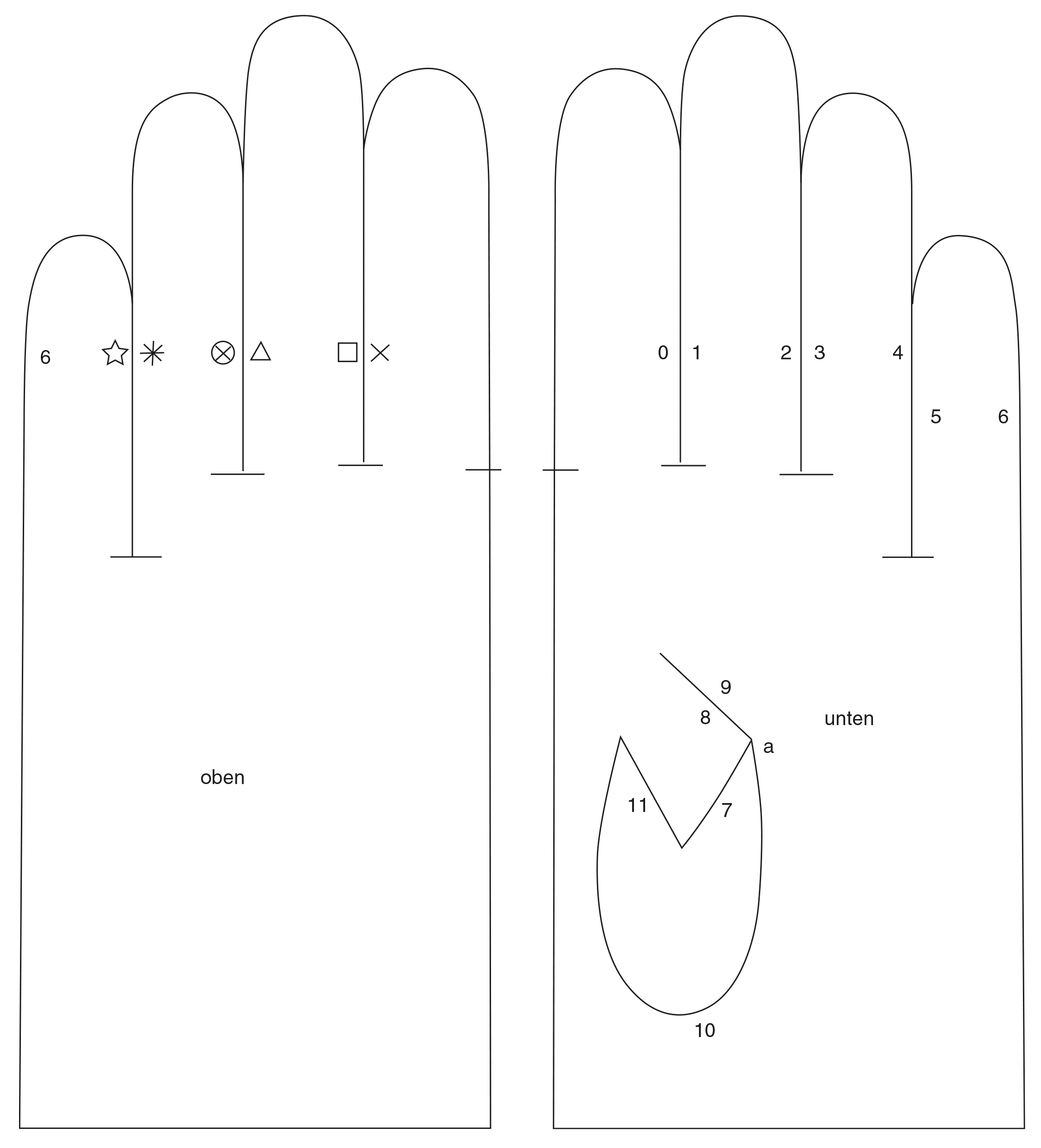 Abgebildet ist das fertige Schnittteile eines Handschuhs.