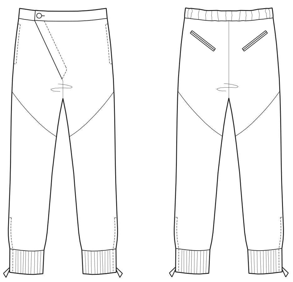 Abgebildet ist die Vorder- und Rückansicht der technischen Zeichnung von einer Hose mit asymmetrischem Eingriff