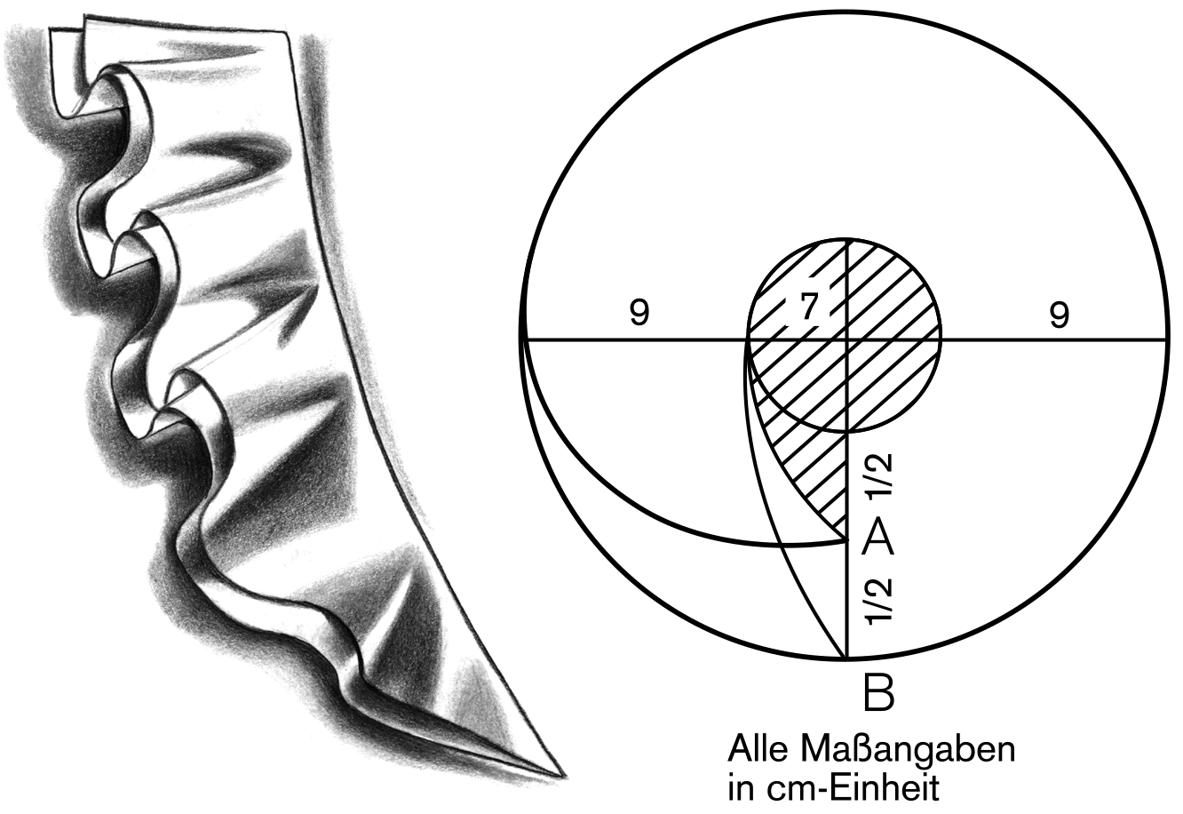 Die Schnittkonstruktion und der Jabot ist zu sehen.