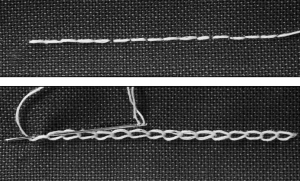 Das Foto zeigt Stoff, Nadel und Faden. Die Abbildung zeigt den Kettenstich von der Vorder- und Rückseite.