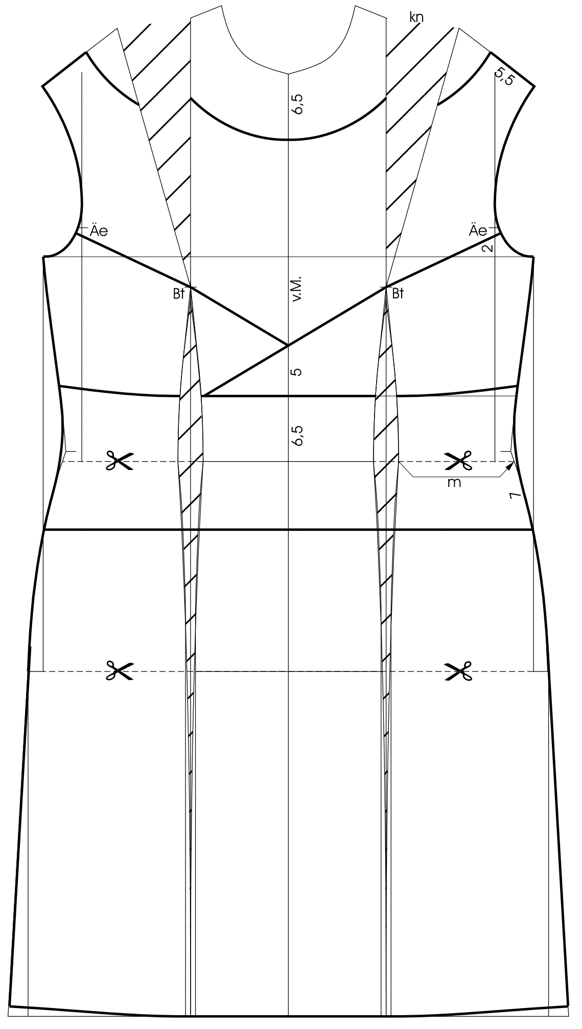 Die Zeichnung zeigt die Schnittkonstruktion eines Kleides mit Abnäherverlegung.