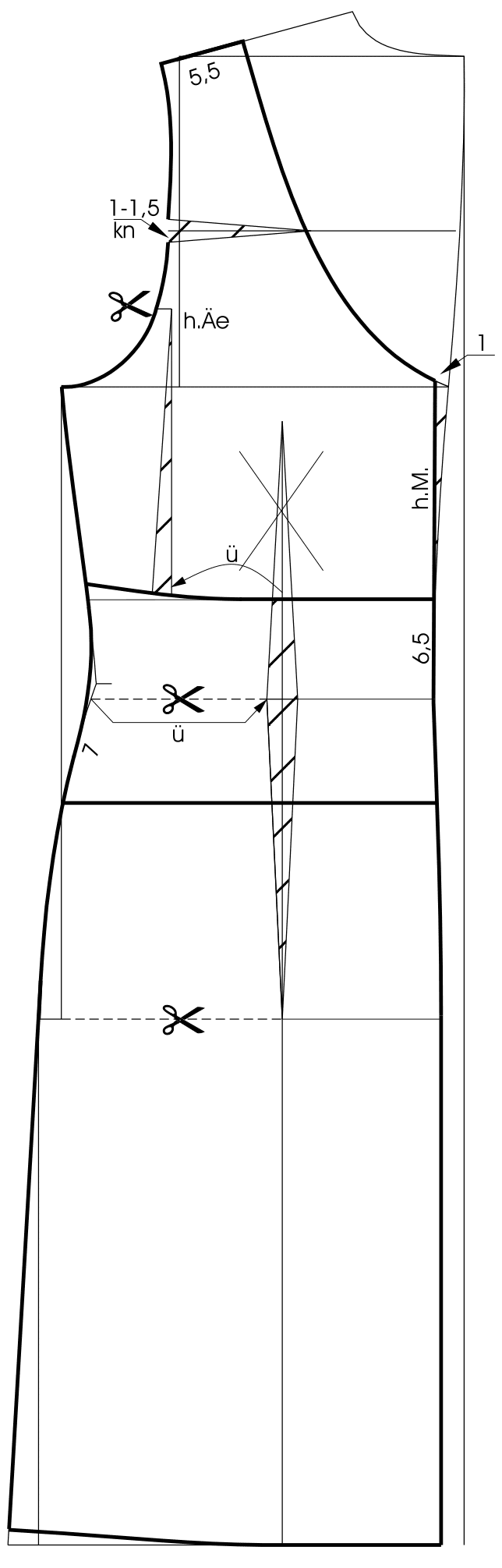 Die Zeichnung zeigt die Schnittkonstruktion eines Kleides mit Abnäherverlegung.