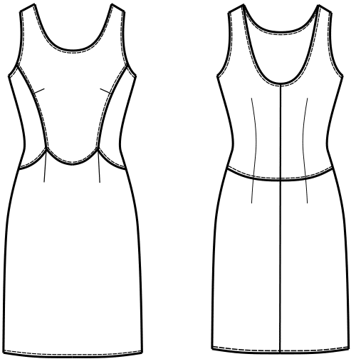 Die Abbildung zeigt die technische Zeichnung von einem Kleid mit Abnäherverlegungen