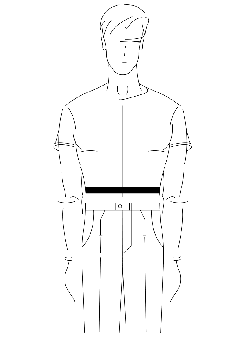 Auf dem Foto ist eine Zeichnung eines Mannes abgebildet. Zu sehen ist das Maßnehmen des Taillenumfanges.