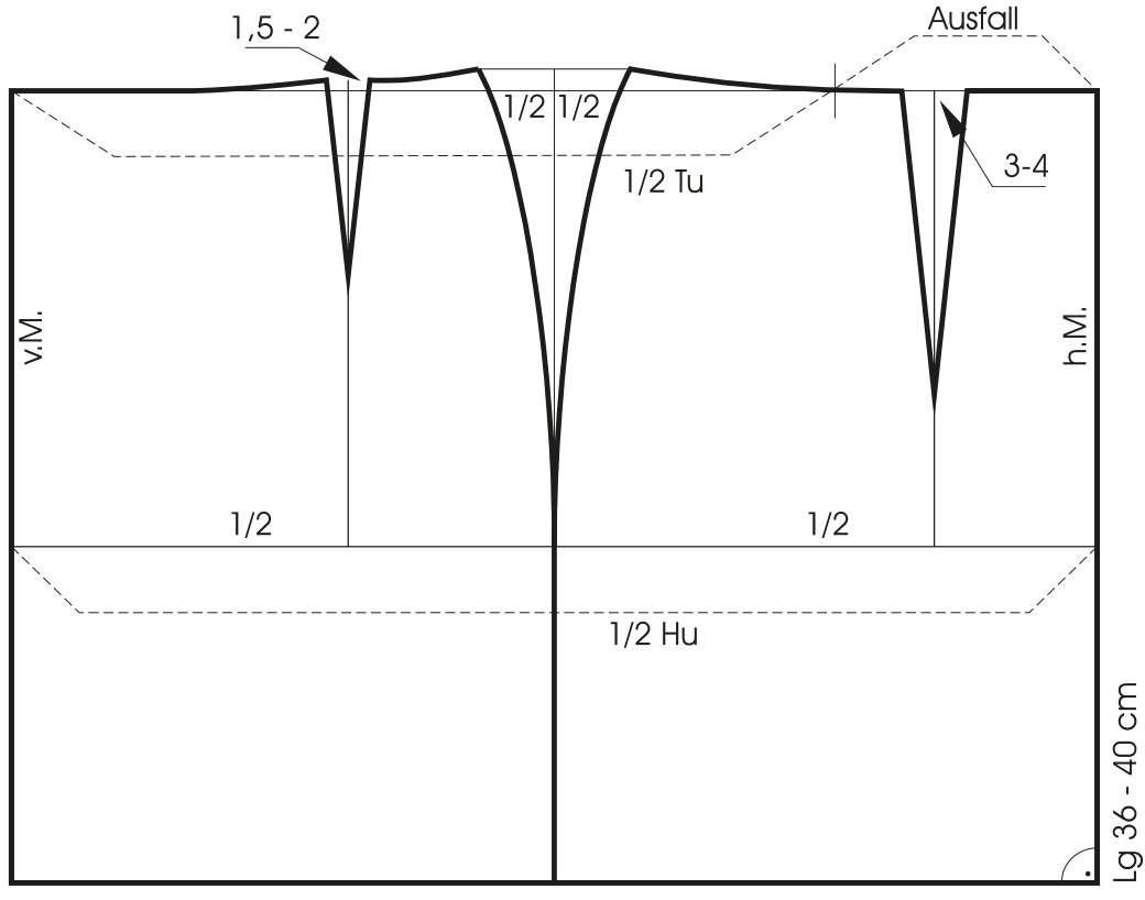 Abgebildet ist die Schnittkonstruktion eines Miederrockes. 