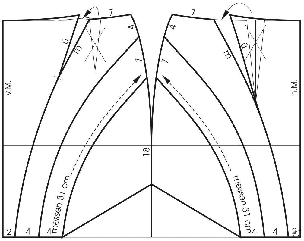 Abgebildet ist die Schnittkonstruktion eines Miederrockes. 