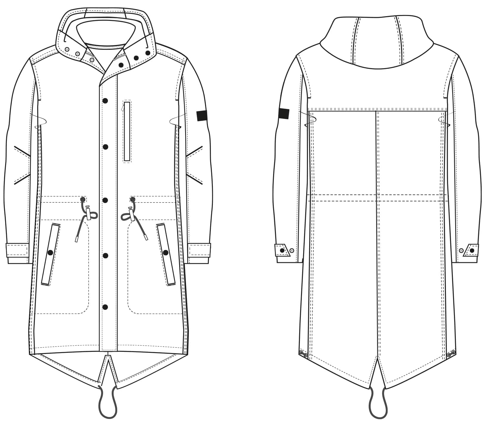 Zu sehen ist die Vorder- und Rückansicht der technischen Zeichnung von einem Parka. Dieser dient als Vorlage für die Schnitt-Technik.