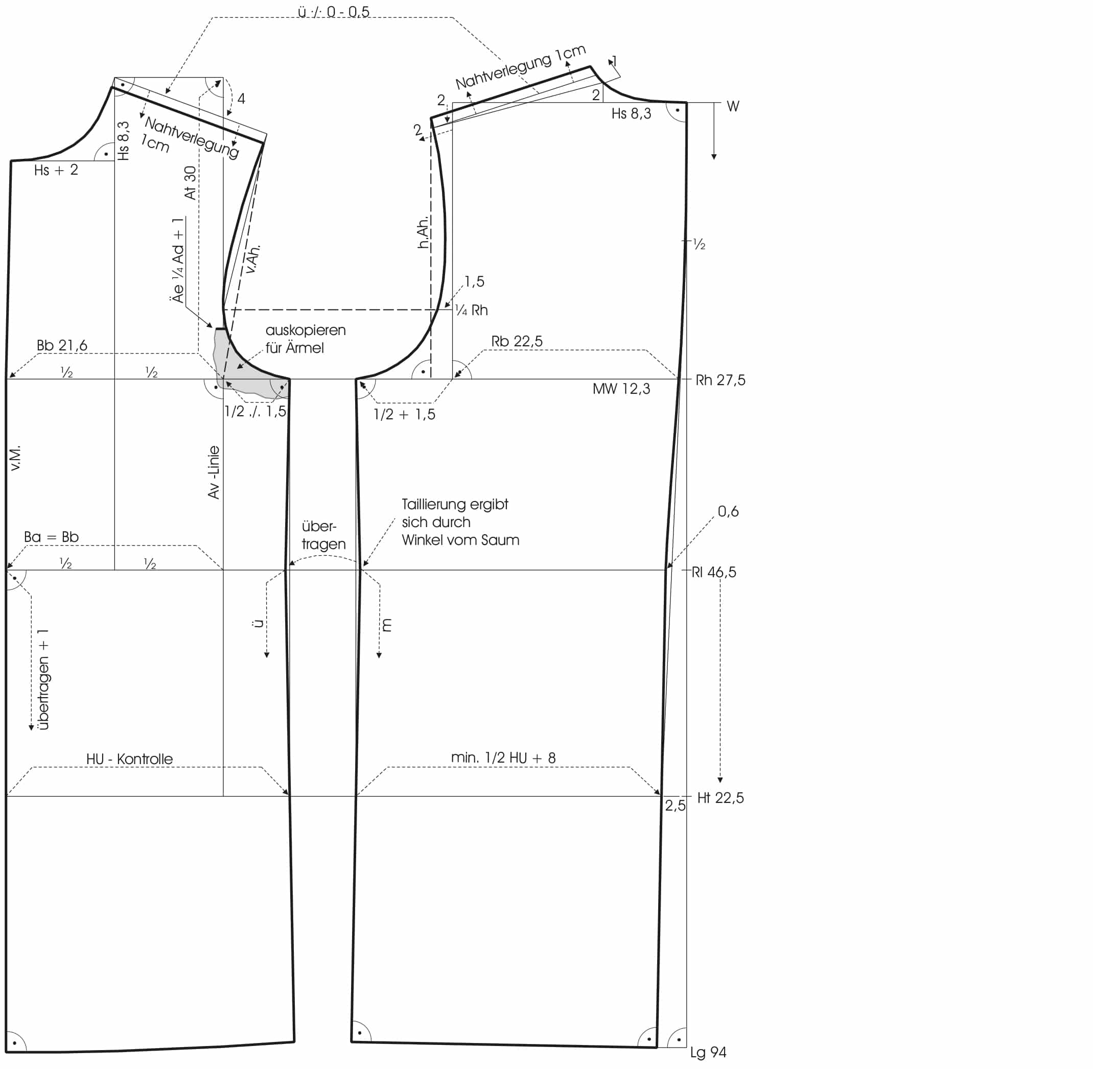 Abgebildet ist die Schnitt-Technik des Designermodells von dem Parka. Hier der Grundschnitt.