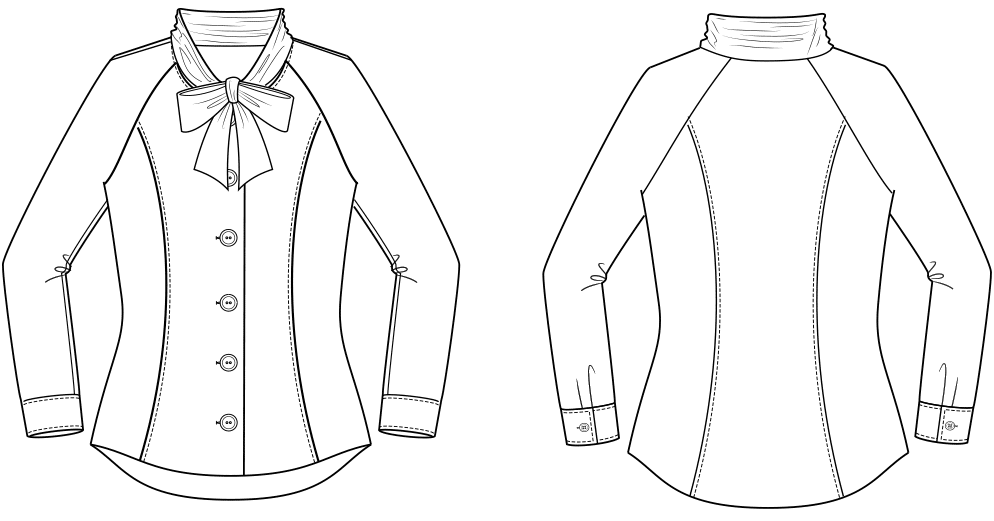 Technische Zeichnung Vorder- und Rückansicht einer Raglan Bluse für Große Größen. Die Vorlage für die Schnitt-Technik.