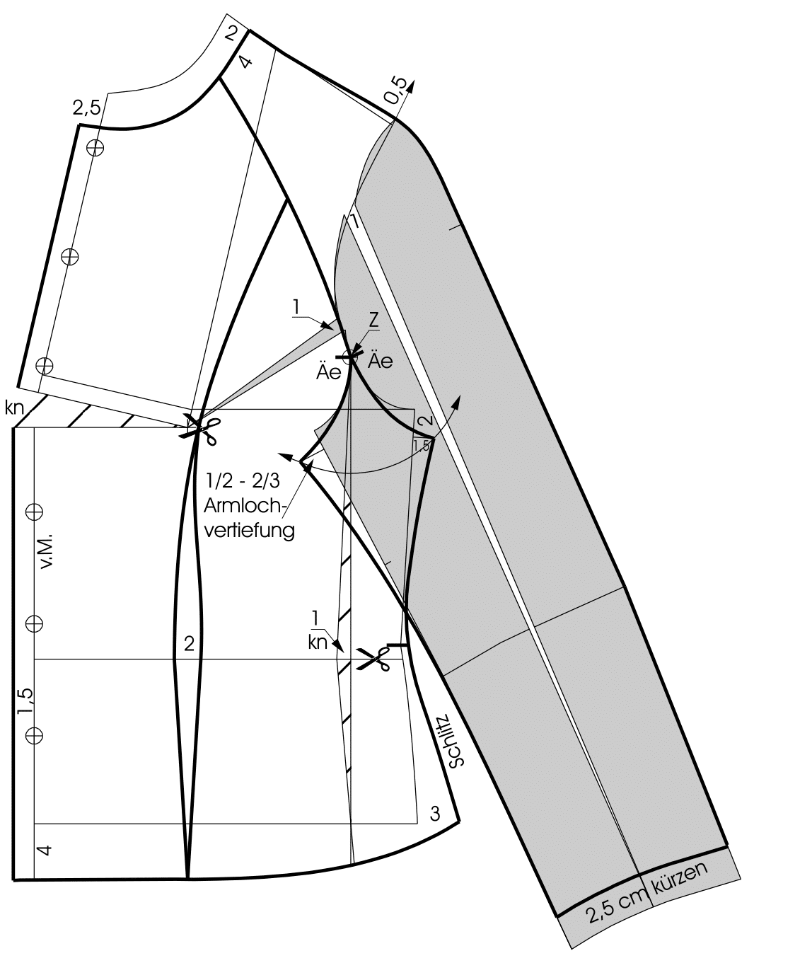 Die Zeichnung zeigt die Schnittkonstruktion einer Raglan Bluse für Große Größen.